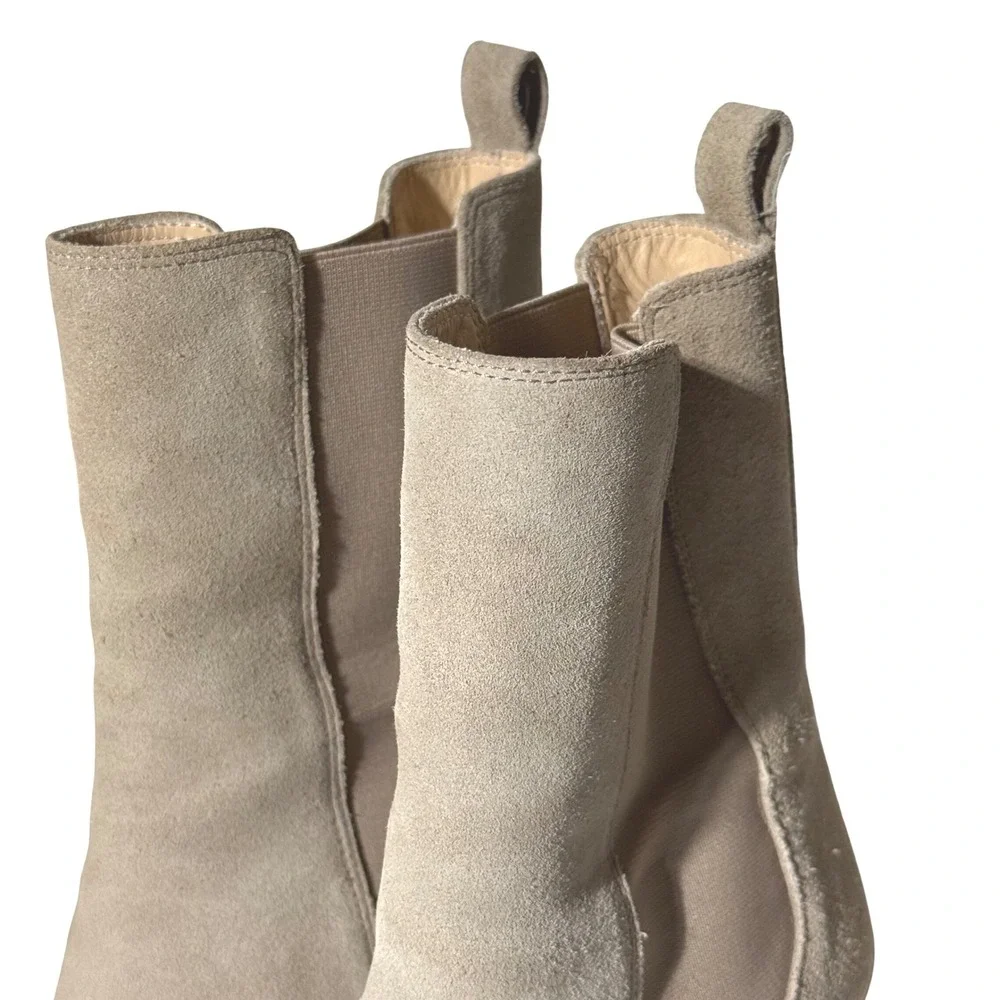 Thursday Boot Soho Taupe Suede Square Toe Chelsea Boots Sand 8 Stacked Heel